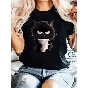 New 2XL Black Angry Cat Drinking Coffee Print crew neck Short Sleeve T Shirt